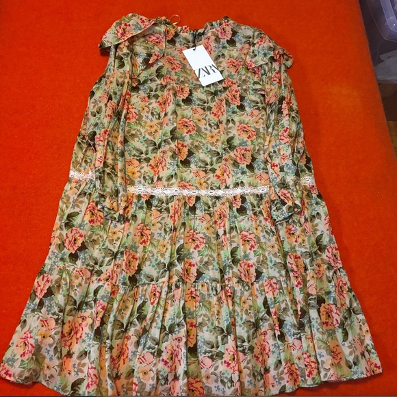 Zara peasant warm colours floral ruffles and lace low wasted mini dress NWT - Picture 9 of 11